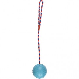 Rubberbal 6 cm met bel en koord 30 cm blauw